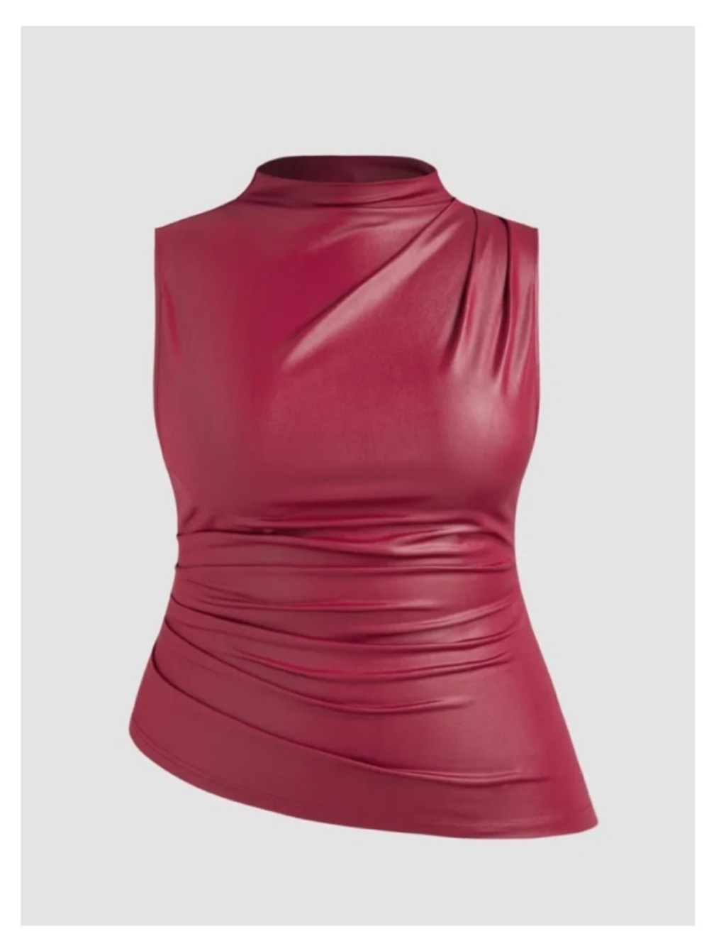 🟤NWT CIDER High Neck Asymmetrical Ruched Faux Leather Top in Red